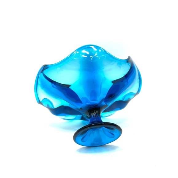 Vintage Bright Blue Compote Dish MCM Viking Art Glass Pedestal Bowl Dish 6 Point - Picture 6 of 10